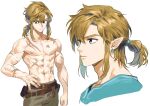  1boy abs belt blonde_hair blue_eyes brown_belt closed_mouth commentary_request earrings highres jewelry korean_commentary link long_hair male_focus multiple_views nipples pants pectorals pointy_ears ponytail portrait samban_doyo scar scar_on_chest simple_background standing the_legend_of_zelda the_legend_of_zelda:_breath_of_the_wild topless_male white_background 