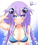  1girl bikini blue_eyes braid breasts hair_ornament highres kurozero long_hair medium_breasts neptune_(series) power_symbol purple_hair purple_heart smile solo swimsuit symbol-shaped_pupils twin_braids twintails upper_body very_long_hair 