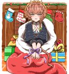  1girl bag blue_eyes blue_overalls blush bound bound_wrists braid brown_hair christmas_present christmas_stocking crown_braid fate/grand_order fate_(series) fireplace flat_chest gift highres in_bag in_container indoors long_hair overalls parted_lips sack shimogamo_(shimomo_12) side_braid solo van_gogh_(fate) 