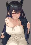  1girl black_hair breasts demon_horns diptip dress grey_background highres hololive hololive_english horns large_breasts long_hair looking_at_viewer nerissa_ravencroft parted_lips simple_background solo upper_body very_long_hair virtual_youtuber white_dress 