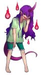  1girl barefoot full_body green_shirt green_shorts horns long_hair open_mouth purple_hair purple_horns red_eyes shirt short_sleeves shorts single_horn smirk solo speckticuls syringe tail tenkajin_chiyari test_tube tongue tongue_out touhou unfinished_dream_of_all_living_ghost 
