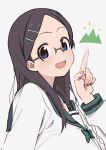  1girl black_hair blue_eyes blush commentary dot_nose glasses hair_ornament hairclip ikumono long_hair looking_at_viewer mountain open_mouth pointing saitou_kaede_(yama_no_susume) school_uniform simple_background solo white_background yama_no_susume 