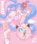  1girl ;d absurdres blue_hair blue_skirt character_name commentary_request earrings eyelashes fairy_miku_(project_voltage) flower hair_flower hair_ornament hatsune_miku highres jewelry jigglypuff long_hair looking_at_viewer loose_socks multicolored_hair nail_polish one_eye_closed open_mouth pink_background pink_hair pink_nails pink_sweater pokemon pokemon_(creature) project_voltage red_flower ryusa_(gjgd7445) skirt smile socks sticker_on_leg sweater teeth tongue twintails two-tone_hair upper_teeth_only vocaloid 
