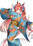  1girl alternate_costume animal_ears bag blue_kimono breasts brown_hair daiwa_scarlet_(umamusume) feet_out_of_frame fish floral_print goldfish hair_between_eyes hair_intakes hands_up highres holding holding_bag horse_ears horse_girl horse_tail japanese_clothes kimono kinchaku long_hair long_sleeves medium_breasts obi open_mouth pouch red_eyes sash simple_background smile solo standing tail twintails umamusume v white_background wide_sleeves yomean! yukata 