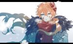  1girl blood blood_on_face blue_eyes blurry blurry_foreground breasts commentary_request earrings fur_coat fur_trim genderswap genderswap_(mtf) genshin_impact jewelry large_breasts long_hair mask mask_on_head orange_hair parted_lips scarf simple_background single_earring snow snowing solo tabibitowayo tartaglia_(genshin_impact) white_background 