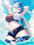  1girl absurdres adapted_costume alternate_costume armpits arms_up black_hairband black_thighhighs blue_hair blue_sky boots breasts cloud cloudy_sky crop_top day eula_(genshin_impact) genshin_impact hairband high-waist_shorts highres large_breasts looking_at_viewer luxurious_sea-lord multicolored_eyes navel short_shorts shorts sky solo sun sunlight thigh_boots thighhighs water yu_tsujihara_y3 