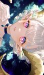  1girl artist_name blurry braid close-up collar curled_horns depth_of_field fate/grand_order fate_(series) gem highres horns jewelry larva_tiamat_(fate) larva_tiamat_(first_ascension)_(fate) majamari multicolored_eyes night night_sky open_mouth pointy_ears sharp_teeth sideways sky solo star_(sky) starry_sky symbol-shaped_pupils teeth tiamat_(fate) white_hair 
