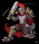  abs absurd_res anthro aquila_(imoyasu_muteki) armor canid canine canis clothing grey_body hair headgear helmet hi_res male mammal melee_weapon multicolored_body muscular nipples open_mouth pecs red_eyes scar shield solo sword weapon wolf yzmuya 