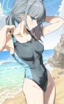  1girl animal_ears armpits arms_up black_one-piece_swimsuit blue_archive blue_eyes blue_sky breasts cloud cloudy_sky collarbone commentary covered_navel cowboy_shot earrings grey_hair highres horizon jewelry looking_at_viewer medium_breasts mouth_hold msonyeo15 ocean official_alternate_costume official_alternate_hairstyle one-piece_swimsuit outdoors ponytail rock shiroko_(blue_archive) shiroko_(swimsuit)_(blue_archive) sky solo stud_earrings swimsuit water_drop 