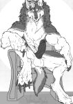  anthro balls bfw canid canine canis chair claws erection fur furniture genitals hi_res humanoid_genitalia humanoid_penis looking_at_viewer male mammal monochrome muscular muscular_anthro muscular_male nude penis sitting solo toe_claws winterbalg wolf 