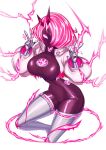  big_breasts bodysuit breasts clothing electric_body electricity electricity_manipulation elemental_manipulation fairy female gesture hair hi_res huge_breasts humanoid konami long_boots pink_body pink_eyes pink_hair pixie plasma_body short_hair simple_background skinsuit solo spright spright_carrot tight_clothing v_sign yu-gi-oh! 