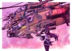  1girl ah-64_apache aircraft akemi_homura black_hair black_pantyhose border camouflage helicopter highres jacket japan_air_self-defense_force japan_self-defense_force long_hair m230_chain_gun mahou_shoujo_madoka_magica military pantyhose purple_skirt purple_sky roundel skirt sky solo timmyyen vehicle_focus white_border white_jacket 