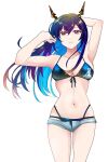  1girl arknights armpits arms_up bare_arms bare_shoulders basashisenjumin bikini blue_bikini blue_hair ch&#039;en_(arknights) ch&#039;en_the_holungday_(arknights) commentary_request cowboy_shot dragon_horns flower grey_shorts hair_between_eyes hair_flower hair_ornament hands_in_hair highres horns long_hair looking_at_viewer micro_shorts navel open_fly red_eyes red_flower shorts simple_background solo standing stomach swimsuit thighs very_long_hair white_background 