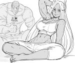  1girl abs absurdres armpits bare_shoulders bb_(baalbuddy) boku_no_hero_academia breasts dark-skinned_female dark_skin feet highres long_hair mirko monochrome navel simple_background sitting smile stomach toes very_long_hair 