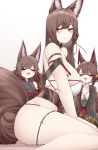  3girls =_= absurdres aged_down akagi-chan_(azur_lane) amagi-chan_(azur_lane) amagi_(azur_lane) animal_ear_fluff animal_ears arm_strap azur_lane bare_arms bare_legs bare_shoulders black_kimono blush breasts brown_tail choker closed_eyes closed_mouth commentary dual_persona fox_ears hair_ornament hand_on_another&#039;s_head hand_up highres japanese_clothes kimono kyuubi large_breasts long_hair looking_back multiple_girls multiple_tails on_floor open_mouth purple_eyes purple_shirt red_kimono samip shirt short_hair sideboob sideways_glance simple_background sitting smile tail teeth thigh_strap upper_teeth_only very_long_hair white_background 