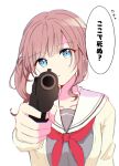  1girl aiming_at_viewer bad_gun_anatomy blue_eyes breasts brown_hair cardigan chromatic_aberration closed_mouth collarbone commentary_request eyes_visible_through_hair finger_on_trigger grey_serafuku grey_stripes gun hair_over_one_eye handgun head_tilt highres holding holding_gun holding_weapon kapu_pjs long_hair long_sleeves looking_at_viewer low_side_ponytail m1911 miyamasuzaka_girls&#039;_academy_school_uniform mochizuki_honami neckerchief open_cardigan open_clothes project_sekai red_neckerchief school_uniform serafuku serious simple_background single_stripe small_breasts solo sound_effects speech_bubble straight-on striped talking threat translated upper_body weapon white_background white_stripes yellow_cardigan 