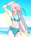  1girl ahoge beach belt bikini blue_bikini blue_sky bracelet cloud hair_over_eyes highres hikachil holding holding_towel jewelry laevateinn_(phantom_of_the_kill) long_hair navel open_mouth phantom_of_the_kill red_eyes sky solo swimsuit teeth towel towel_around_neck upper_body upper_teeth_only 