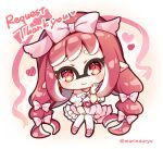  1girl :3 belt belt_buckle bow buckle chibi closed_mouth commentary_request commission domino_mask dress gloves hair_bow hand_up head_tilt heart heart-shaped_buckle highres inkling long_hair looking_at_viewer mask natsuki_marina pink_belt pink_bow pink_dress pointy_ears puffy_short_sleeves puffy_sleeves red_eyes red_hair short_sleeves solo splatoon_(series) thank_you twitter_username very_long_hair white_gloves 