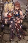  2girls absurdres arms_behind_back ball_and_chain_restraint beatrix_(granblue_fantasy) blonde_hair blue_eyes boots breasts brown_hair captured chain chained cleavage cleavage_cutout clothing_cutout collar commission granblue_fantasy green_eyes high_heel_boots high_heels highres long_hair metal_collar multiple_girls navel no_armor ponytail restrained tears thighhighs torn_clothes torn_thighhighs twintails yewang19 zeta_(granblue_fantasy) 