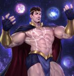  1boy abs bara body_markings bulge cape character_request cheekbones energy_ball facial_hair feet_out_of_frame goatee hands_up henry_partum highres large_pectorals looking_ahead looking_at_viewer male_focus mature_male muscular muscular_male mustache navel nipples pectorals pelvic_curtain planet red_cape seductive_smile short_hair sky smile solo standing star_(sky) starry_sky stomach strongman_waist thick_eyebrows thick_thighs thighs tiara topless_male 