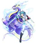  1girl aqua_eyes aqua_hair boots claws dolldolldd dragon dragon_miku_(project_voltage) electricity fake_horns hatsune_miku headphones highres holding holding_sword holding_weapon horns microphone miraidon open_mouth pants pokemon pokemon_(creature) project_voltage side_cape sword twintails vocaloid weapon 