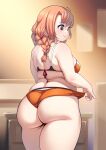  1girl artist_name ass bikini blurry blurry_background blush braid breasts character_request closed_mouth cloudxmoe commission copyright_request cowboy_shot english_commentary english_text from_behind highres long_hair median_furrow medium_breasts orange_bikini orange_hair plump sidelighting solo swimsuit tareme thick_arms thick_thighs thighs twin_braids twintails 