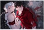  2boys aohitsugi_samatoki armband black_background black_hair black_jacket black_shirt blood blood_drip blood_on_face border closed_eyes dated ear_piercing eyelashes face-to-face from_side grin hand_on_another&#039;s_neck highres hoop_piercing hypnosis_mic injury jacket jacket_on_shoulders jewelry kabedon kami_off_record leather leather_jacket long_sleeves looking_at_another male_focus mirror mole mole_under_eye multiple_boys necklace open_clothes open_jacket open_mouth pectoral_cleavage pectorals piercing red_armband red_eyes red_jacket sharp_teeth shirt shirt_grab short_hair sleeveless sleeveless_shirt sleeves_past_elbows smile sweat teeth timestamp torn_clothes torn_jacket torn_sleeves upper_body white_border white_hair white_shirt yamada_ichiro yaoi zipper 