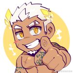  1boy artist_request bara chibi dark-skinned_male dark_skin eyebrow_cut glowing_crown highres indie_virtual_youtuber laughing laurel_crown lei_bailin light_blush looking_at_viewer male_focus mature_male multicolored_hair muscular muscular_male no_nipples nude outstretched_hand pectorals reaching reaching_towards_viewer scar scar_on_cheek scar_on_face scar_on_forehead scar_on_nose short_hair solo thick_eyebrows thumbs_up two-tone_hair uneven_eyes upper_body virtual_youtuber white_hair 