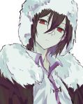  1boy absurdres black_hair black_jacket bungou_stray_dogs closed_mouth collared_shirt fur_collar fur_hat fyodor_dostoyevsky_(bungou_stray_dogs) hat highres jacket jellyfish_sz looking_at_viewer male_focus red_eyes shirt short_hair simple_background solo upper_body white_background white_headwear white_shirt 