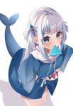  1girl animal_hood blue_eyes blue_hair blue_hood blunt_bangs breasts cet_(hajisirazunoko) fins fish_tail gawr_gura gawr_gura_(1st_costume) grey_hair hair_ornament hands_on_own_hips holding hololive hololive_english hood looking_at_viewer medium_hair mouth_hold multicolored_hair shark_girl shark_hair_ornament shark_hood shark_tail sidelocks small_breasts smile solo streaked_hair tail two_side_up virtual_youtuber 