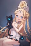  1girl abigail_williams_(fate) abigail_williams_(swimsuit_foreigner)_(second_ascension)_(fate) black_cat blonde_hair blue_eyes blush braid braided_bun breasts cat double_bun dress_swimsuit fate/grand_order fate_(series) forehead hair_bun hat highres keyhole long_hair looking_at_viewer mitre miya_(miyaruta) one-piece_swimsuit open_mouth parted_bangs small_breasts smile swimsuit white_headwear white_one-piece_swimsuit 
