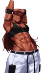  1girl abs absurdres ahoge armpits breasts brown_hair choker closed_eyes cross cross_necklace dark-skinned_female dark_skin highres jewelry long_hair medium_breasts muscular muscular_female navel necklace original pants scar simple_background solo sotcho sports_bra stretching white_background 