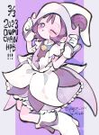  1girl blush boots dated dress frills gloves happy_birthday hat highres holding holding_clothes holding_hat magical_girl ojamajo_doremi one_eye_closed purple_eyes purple_hair segawa_onpu short_hair smile solo tokumei19 tongue tongue_out twitter_username white_footwear white_gloves white_headwear witch_hat 