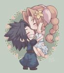  1boy 1girl aerith_gainsborough arestear0701 arm_up armor black_footwear black_hair boots bow brown_hair carrying carrying_person chibi closed_eyes commentary couple crisis_core_final_fantasy_vii dress facing_to_the_side final_fantasy final_fantasy_vii floral_background flower green_background grin hair_flower hair_ornament hair_ribbon hair_tucking happy hetero high_ponytail highres holding hug leaf legs_together lifting_person long_hair looking_at_another pants parted_bangs pauldrons pink_flower pink_ribbon ponytail puffy_pants ribbon short_hair shoulder_armor signature sitting sitting_on_arm sleeveless sleeveless_dress sleeveless_turtleneck smile spiked_hair turtleneck wavy_hair white_dress yellow_flower zack_fair 