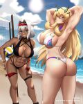  2girls abs alternate_costume animal_ears arm_behind_head arm_up armpits arms_up ass ass_visible_through_thighs asymmetrical_legwear ball bare_legs bare_shoulders barghest_(fate) barghest_(swimsuit_archer)_(fate) beach beach_volleyball belly biceps bikini black_bikini black_footwear black_hairband blonde_hair blue_eyes blue_sky blush body_markings bracelet breasts caenis_(fate) caenis_(swimsuit_rider)_(fate) cleavage closed_mouth cloud cloudy_sky collarbone curvy dark-skinned_female dark_skin day eyelashes eyewear_on_head fate/grand_order fate_(series) from_behind glasses green_eyes groin hair_between_eyes hair_ornament hairband highres holding holding_ball hot huge_ass huge_breasts jewelry large_breasts legs long_hair looking_back markings midriff mountainous_horizon multiple_girls muscular muscular_female narrow_waist navel ocean outdoors panties presenting presenting_armpit print_swimsuit revealing_clothes sand seductive_smile shiny_skin shoes short_hair sideboob skin_tight sky smile standing stomach summer sun sunglasses sunlight sweat swimsuit take_your_pick tattoo thick_thighs thighlet thighs toned twitter_username underwear very_long_hair volleyball volleyball_net water white_bikini white_hair white_swimsuit wide_hips wristband xkzan yellow_eyes 
