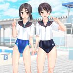  2girls absurdres black_hair black_one-piece_swimsuit black_sailor_collar blue_one-piece_swimsuit blue_sky breasts brown_eyes cameltoe cloud collarbone commentary_request competition_swimsuit covered_navel day feet_out_of_frame highres lifeguard_chair logo looking_at_viewer low_twintails multicolored_clothes multicolored_swimsuit multiple_girls new_school_swimsuit one-piece_swimsuit original outdoors pool poolside sailor_collar sailor_shirt school_swimsuit school_uniform serafuku shirt short_hair sky small_breasts starting_block swimsuit swimsuit_under_clothes takafumi twintails v white_shirt 