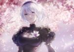  1girl artist_name blue_eyes branch breasts cherry_blossoms cleavage cleavage_cutout clothing_cutout commentary_request flower gradient_background hairband highres lips lira_mist long_sleeves lunar_tear medium_breasts mole mole_under_mouth nier:automata nier_(series) parted_lips petals puffy_sleeves short_hair signature simple_background turtleneck upper_body white_hair yorha_no._2_type_b 
