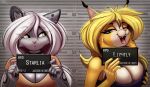  anthro barbie_and_ken_mugshot_meme breast_grab breasts duo felid feline female female/female hand_on_breast hi_res lightly-san lightly_breeze_(pony-way) looking_at_another looking_at_viewer lynx mammal meme mugshot pantherine smile snow_leopard starlia_(lightly-san) tongue tongue_out 
