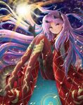  1girl ass_visible_through_thighs blue_hair bodysuit cloak crescent crescent_facial_mark energy facial_mark fate/grand_order fate_(series) fur_trim hair_ribbon highres ishtar_(fate) jihadangel long_hair looking_at_viewer pink_hair red_cloak ribbon smile solo space space_ishtar_(fate) space_ishtar_(third_ascension)_(fate) spikes symbol-shaped_pupils 