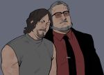  2boys bara beard brown_hair couple deadman_(death_stranding) death_stranding elinapires_(lewalrus) facial_hair glasses goatee grey_hair highres leaning_on_person male_focus mature_male multiple_boys old_school_swimsuit pectorals sam_(death_stranding) school_swimsuit shirt short_hair sleeveless sleeveless_shirt swimsuit thick_eyebrows thick_mustache upper_body yaoi 