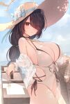  1girl bikini black_choker black_hair blue_archive blush breasts choker curvy hair_over_one_eye halo hat highres hinata_(blue_archive) hinata_(swimsuit)_(blue_archive) huge_breasts large_breasts long_hair looking_at_viewer one-piece_swimsuit outdoors red_eyes side-tie_bikini_bottom solo suitcase sune_(mugendai) sweat swimsuit thick_thighs thighs white_one-piece_swimsuit 