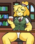  alcohol animal_crossing anthro batzxd beverage big_breasts breasts canid canine canis clothing digital_media_(artwork) domestic_dog female fur hi_res isabelle_(animal_crossing) mammal nintendo panties panty_shot smile solo spread_legs spreading underwear upskirt yellow_body yellow_fur 