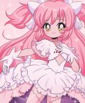  1990s_(style) 1girl blush chelly_(chellyko) choker collarbone dress flat_chest gloves hair_ribbon hand_on_own_chest kaname_madoka long_hair looking_at_viewer mahou_shoujo_madoka_magica pink_background pink_hair pink_thighhighs retro_artstyle ribbon short_sleeves smile solo sparkle standing thighhighs twintails ultimate_madoka white_dress white_gloves yellow_eyes 