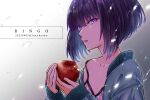  1girl apple artist_name black_hair bob_cut bomber_jacket breasts bright_pupils character_name close-up collarbone commentary dated dress eyelashes food from_side fruit gradient_background green_jacket grey_background hair_between_eyes holding holding_food holding_fruit jacket kisaragi_nankyoku light_particles long_sleeves looking_at_viewer looking_to_the_side off_shoulder official_art open_clothes open_jacket own_hands_together parted_lips pink_dress portrait purple_eyes ringed_eyes romaji_text short_hair small_breasts solo spaghetti_strap sundress toaru_kagaku_no_dark_matter toaru_majutsu_no_index twitter_username upper_body v-neck white_pupils yuzuriha_ringo 