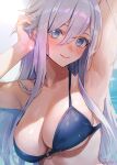  1girl 86_-eightysix- absurdres arm_up armpits blue_eyes blush breasts commission grey_hair hair_between_eyes highres large_breasts long_hair looking_at_viewer pixiv_commission presenting_armpit smile solo sooon swimsuit upper_body vladilena_millize wet 