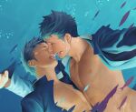  2boys abs air_bubble aqua_hair bara bare_pectorals blue_hair blue_theme bubble couple dark_blue_hair fish french_kiss gakuran gradient_hair itto_(mentaiko) kiss long_sideburns male_focus multicolored_hair multiple_boys muscular muscular_male nipples open_clothes open_shirt original pectorals school_uniform short_hair sideburns toned toned_male tongue tongue_out torn_clothes underwater yaoi 