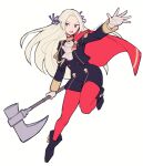  1girl aiguillette ascot axe black_footwear boots cape do_m_kaeru edelgard_von_hresvelg epaulettes fire_emblem fire_emblem:_three_houses floating_hair full_body garreg_mach_monastery_uniform gloves hair_ribbon holding holding_axe leg_up long_hair long_sleeves open_mouth outstretched_arm pantyhose purple_eyes purple_ribbon red_cape red_pantyhose ribbon simple_background solo twitter_username uniform white_ascot white_background white_gloves white_hair 