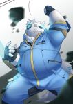  2023 absurd_res anthro belly bernado_alte big_belly canid canine canis clothed clothing domestic_dog fur hi_res humanoid_hands kemono lifewonders live_a_hero male mammal overweight overweight_male solo white_body white_fur yohack 