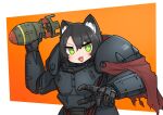  1girl :3 absurdres animal_ears black_hair bomb cape capelet cat_ears cat_girl chibi enclave explosive fallout_(series) green_eyes highres original power_armor srtdrawart throwing 