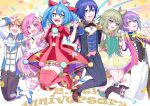  3boys 3girls ahoge aida_karasu animal_ears anniversary aqua_eyes aqua_hair black_coat black_pants blonde_hair blue_eyes blue_hair blue_nails bolo_tie boots bow bowtie cane cat_ears coat dress green_eyes green_hair grin hair_ornament hairband hand_on_another&#039;s_hand hatsune_miku high_heels highres kaito_(vocaloid) kamishiro_rui kusanagi_nene light_blue_hair long_hair looking_at_viewer multicolored_hair multiple_boys multiple_girls ootori_emu open_mouth pants pink_coat pink_eyes pink_hair project_sekai purple_eyes purple_hair red_dress red_thighhighs shoes short_hair short_sleeves smile star-shaped_pupils star_(symbol) symbol-shaped_pupils teeth tenma_tsukasa thighhighs twintails two-tone_hair upper_teeth_only vocaloid white_coat white_pants wonderlands_x_showtime_(project_sekai) wonderlands_x_showtime_kaito wonderlands_x_showtime_miku yellow_eyes 